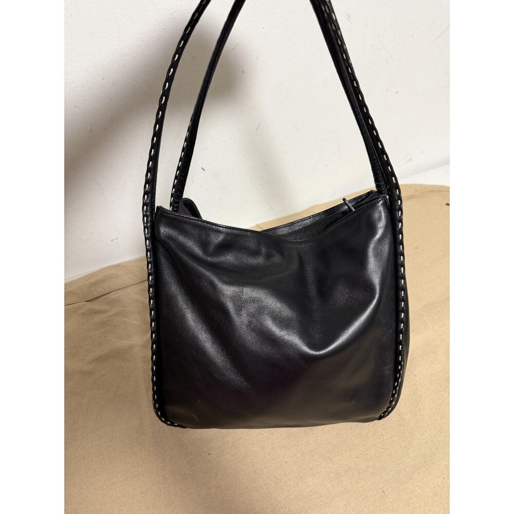 Giudi Leather Shoulder Bag Womens Medium Black Whipstitch Made In Italy